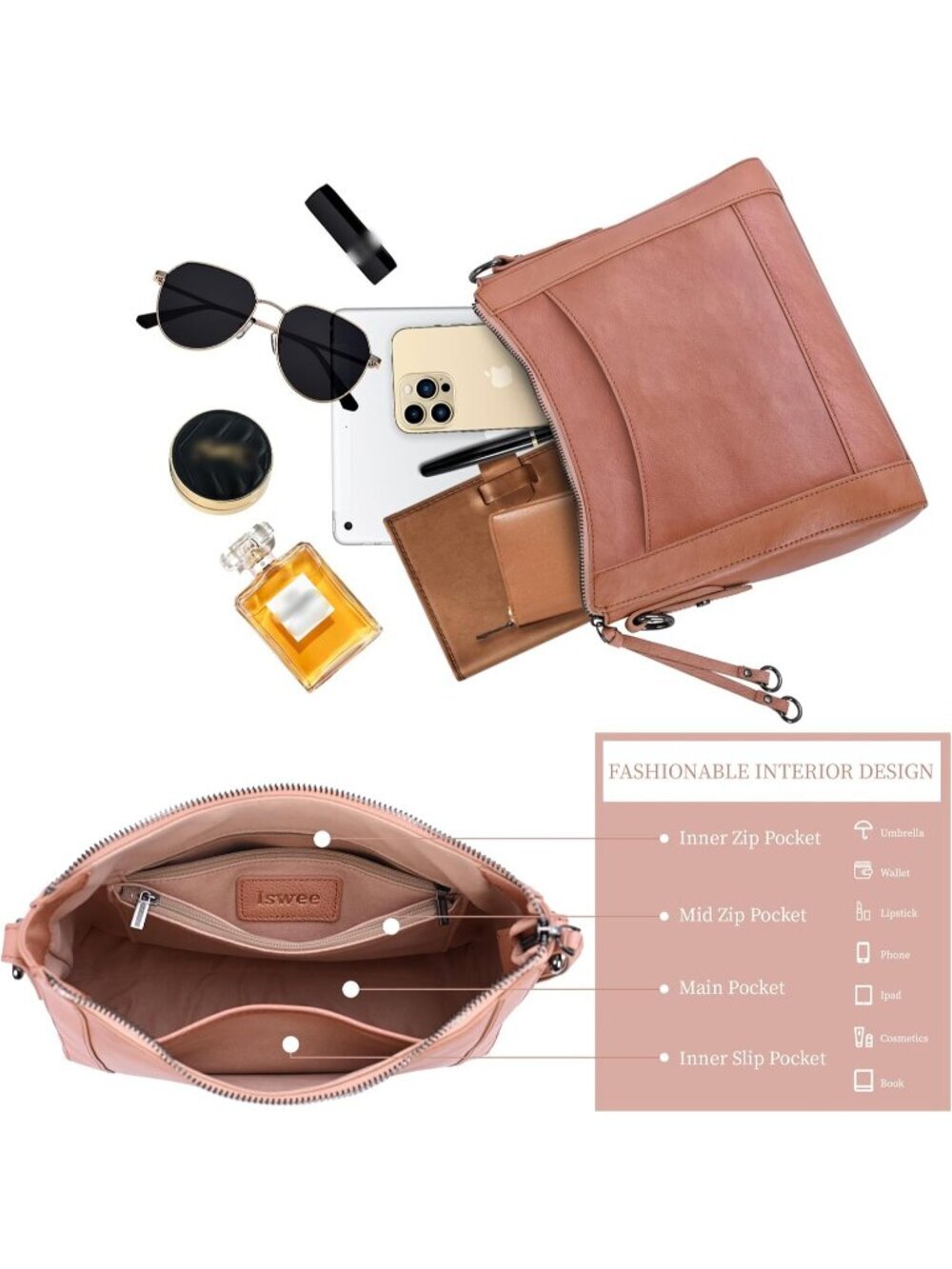 Women's Pink Leather Crossbody Fashion Satchel Handbags with Adjustable Straps - Picture 4 of 6
